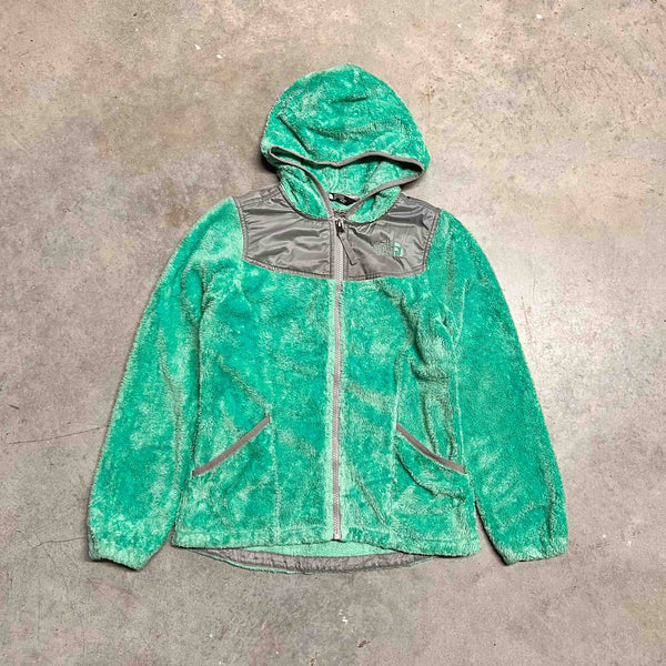 The North Face fleece hoodie in green and silver. Size on tag: Girls Medium  Measurements:  Pit to Pit: 17 inches  Length: 22 inches