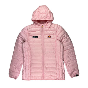Women's Deadstock ellesse Lompard padded puffer jacket in light pink. Embroidered ellesse branding. Zip pockets to front on both sides. Elastic waist. Chin guard to full zip closure. - Material: 100% Polyester - Colour: Baby Pink Brand New with Tags