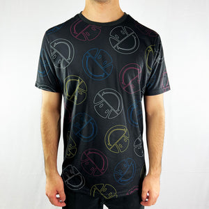 Ellesse x Smiley Merilino t-shirt in black. Smiley face design throughout t-shirt. Crew neck t-shirt. Material: 100% Polyester Colour: Black Brand New with Tags