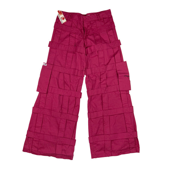 Deadstock Vintage Criminal Damage Lattice Cargo Trousers in hot pink with Criminal Damage branding. High-waisted trousers. Pockets to sides. Belt loops for belt adjustment. Punk rave vibes. Materials: Polyester/Cotton Condition: Brand new with tags Measurements: