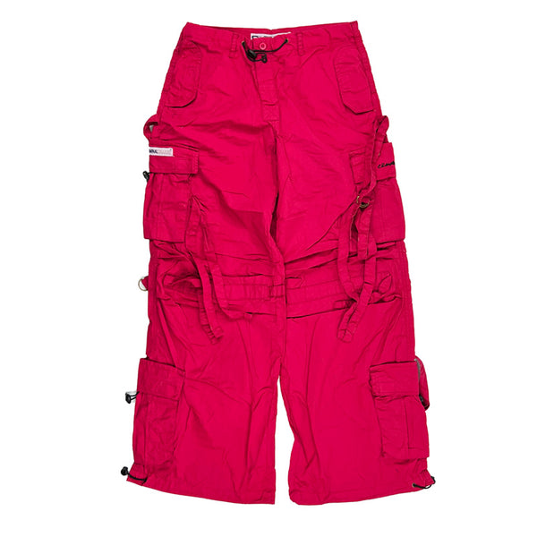 Deadstock Vintage Criminal Damage Drome Cargo Trousers in Hot Pink with Criminal Damage branding. High-waisted trousers. Plenty of pockets. Adjustable drawstrings on waist and adjustable cord to hem.  Condition: Brand new with tags