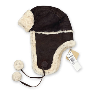 Womens Deadstock Timberland lamb leather shearling trapper hat in brown with Timberland logo to side.