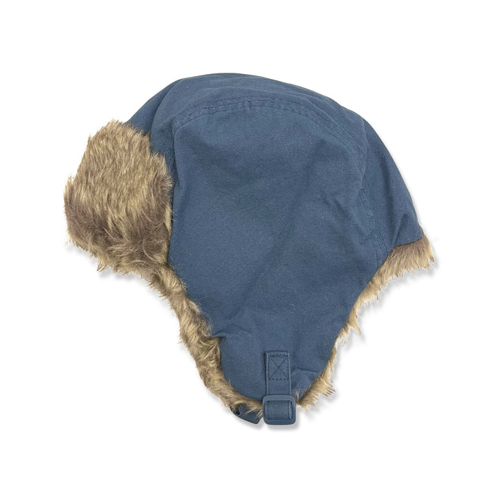 Deadstock Timberland faux fur trapper hat in blue with embroidered Timberland logo to back.