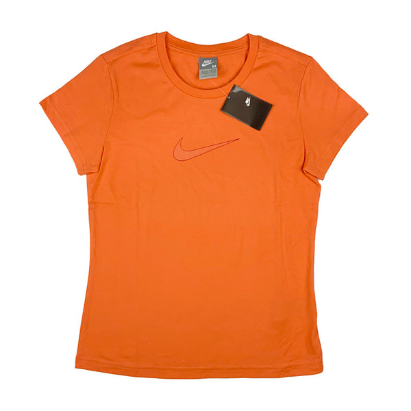 2007 Women's Deadstock Vintage Nike Swoosh T-Shirt in orange with Nike swoosh to chest.