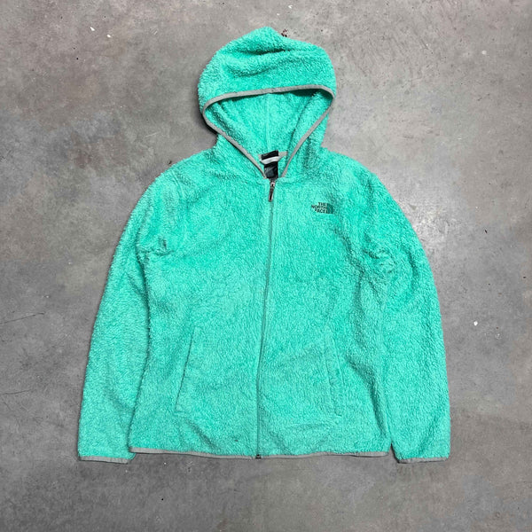 Womens Vintage The North Face full zip fluffy fleece hoodie in blue. Size on tag: Large  Measurements:  Pit to Pit: 21.5 inches  Length: 26 inches
