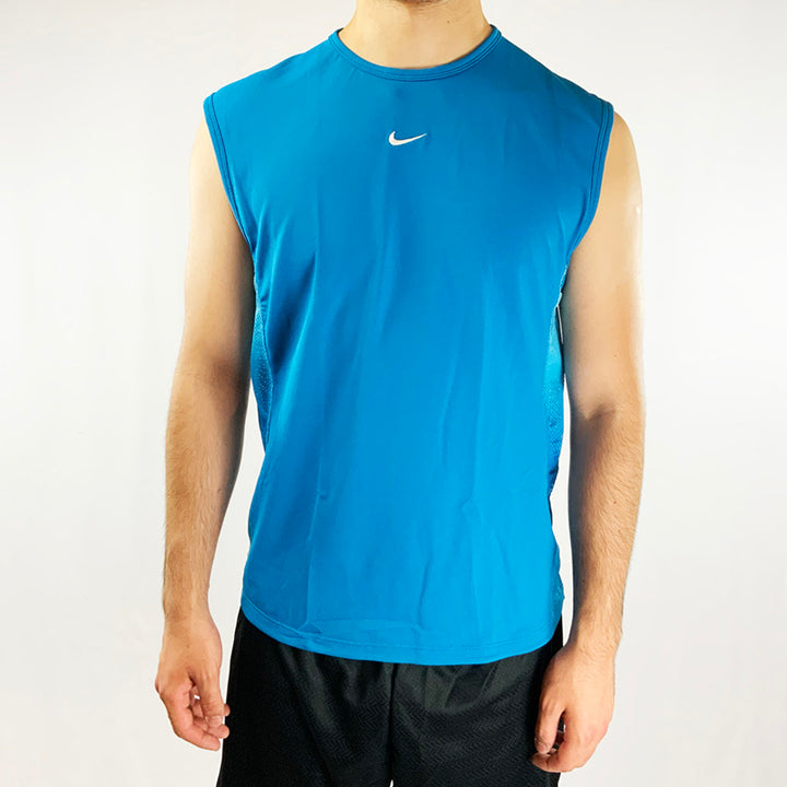 2004 Deadstock Vintage Nike Sphere Dry Vest Top in blue with Nike swoosh to centre of chest. Sphere Dry helps you to stay dry, the fabric draws sweat from your skin to the garment's surface for fast drying, and the fabric's three-dimensional construction creates air space around you to reduce cling. Colour: Blue Brand New with Tags