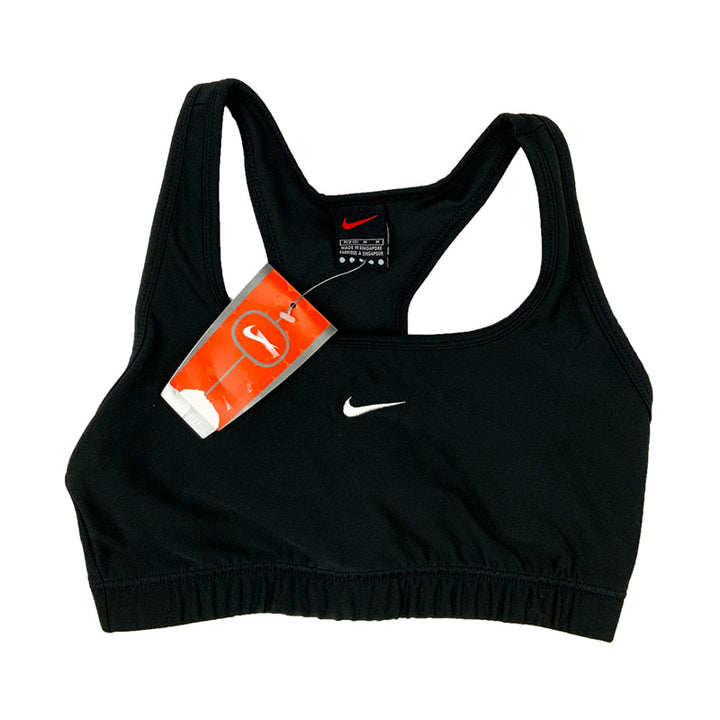 90s Women's Deadstock Vintage Nike Alpha Project sports bra in black with Nike swoosh to centre of chest. Dri-Fit technology.