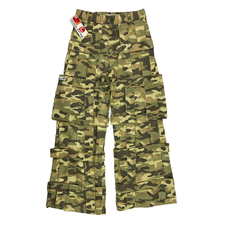 Deadstock Vintage Criminal Damage Lattice Cargo Trousers in Camo Green with Criminal Damage branding. High-waisted trousers. Pockets to sides. Belt loops for belt adjustment. 
