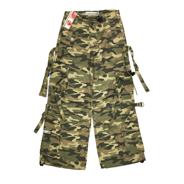 Deadstock Vintage Criminal Damage Parachute Cargo Trousers in Camo Green with Criminal Damage branding. High-waisted trousers. Plenty of pockets. Adjustable drawstrings on waist and adjustable cord to hem. 
