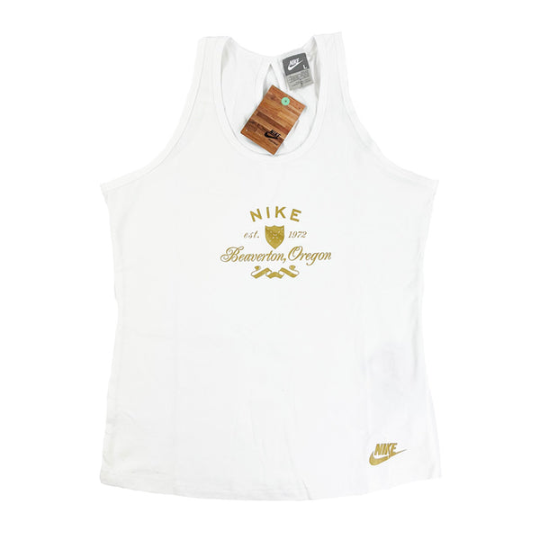 2008 Women's Deadstock Vintage Nike Oregon Vest Top in white with Nike spellout to check and waist detailed in gold. Perfect for summer. Colour: White Brand New with Tags