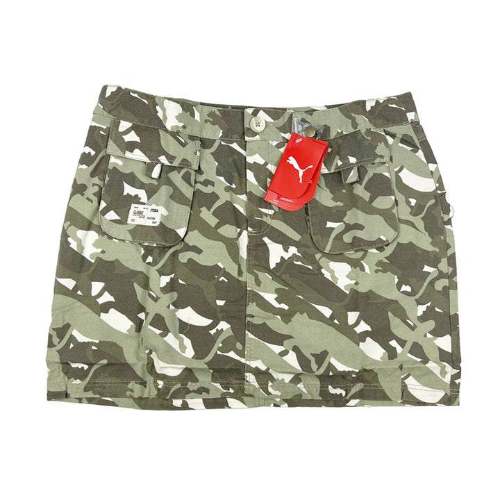 Y2K Women's Deadstock Vintage Puma Cargo Mini Skirt in Military Camo with Puma branding. Adjustable buckle to rear. Pockets to front and back. 