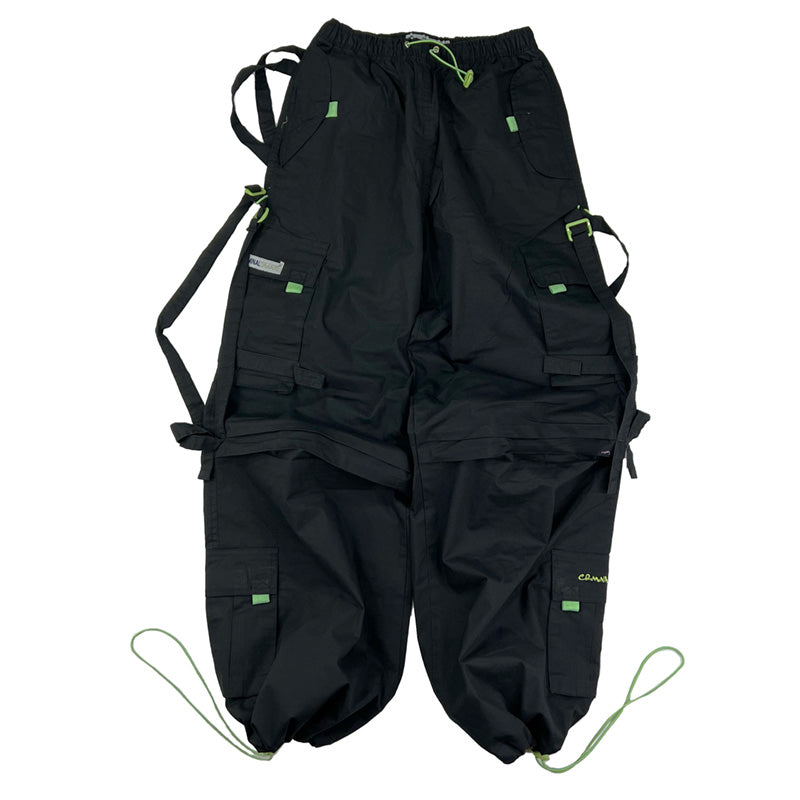 Super cute Deadstock Vintage Criminal Damage parachute cargo trousers in black with Criminal Damage embroidered logo. Cord to waist. Plenty of pockets to sides and back. Lattice carnaby style. Adjustable cord to hem. Due to age you may need to tie the pull cord to keep in place Material: Polyester/Cotton Condition: Brand new with tags