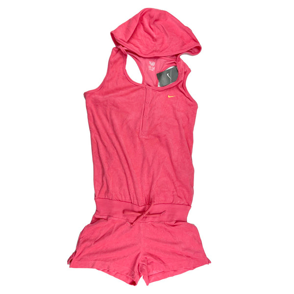 2009 Women's Deadstock Vintage Nike Samba all in one shorts/hoodie in pink with embroidered Nike swoosh. Drawstring closure to shorts and button closure to sleeveless hoodie. Material: Cotton/Polyester Colour: Pink