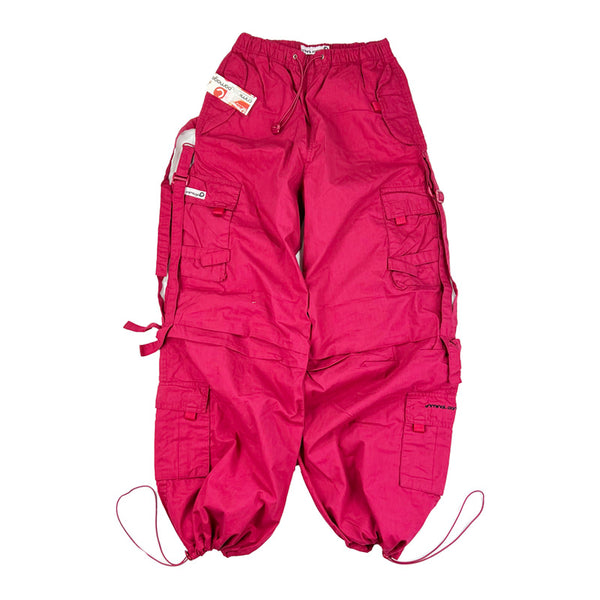Super cute ﻿Deadstock Vintage Criminal Damage parachute cargo trousers in hot pink with Criminal Damage embroidered logo. Cord to waist. Plenty of pockets to sides and back. Lattice carnaby style. Adjustable cord to hem. Due to age you may need to tie the pull cord to keep in place Material: Polyester/Cotton Condition: Brand new with tags