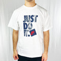 2007 Deadstock Vintage Nike Just Do It T-shirt in white with spellout Just Do It to front and Nike logo behind neck. Short sleeve t-shirt with crewneck. Material: 100% Cotton Colour: Blue Brand New with Tags
