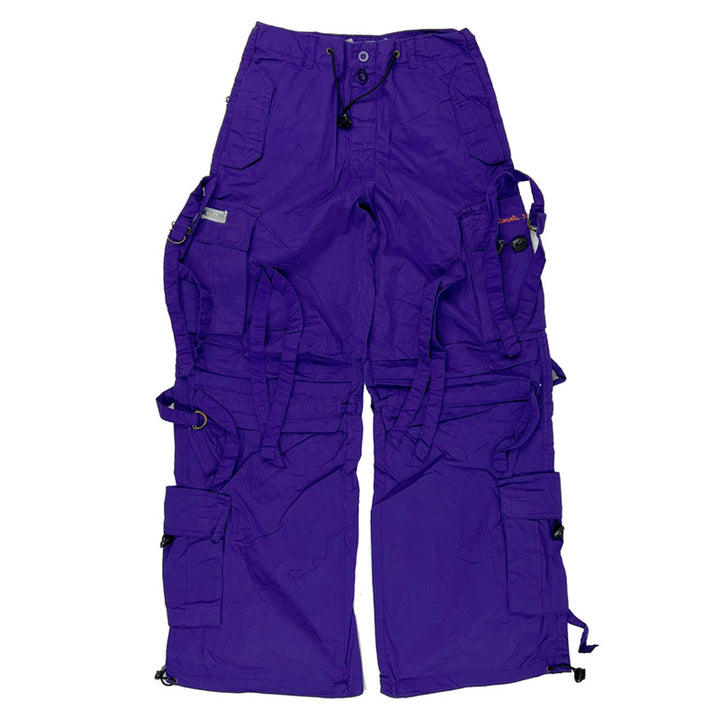 Super cute ﻿Deadstock Vintage Criminal Damage parachute cargo trousers in purple with Criminal Damage embroidered logo. Cord to waist. Plenty of pockets to sides and back. Drome style. Adjustable cord to hem. Due to age you may need to tie the pull cord to keep in place