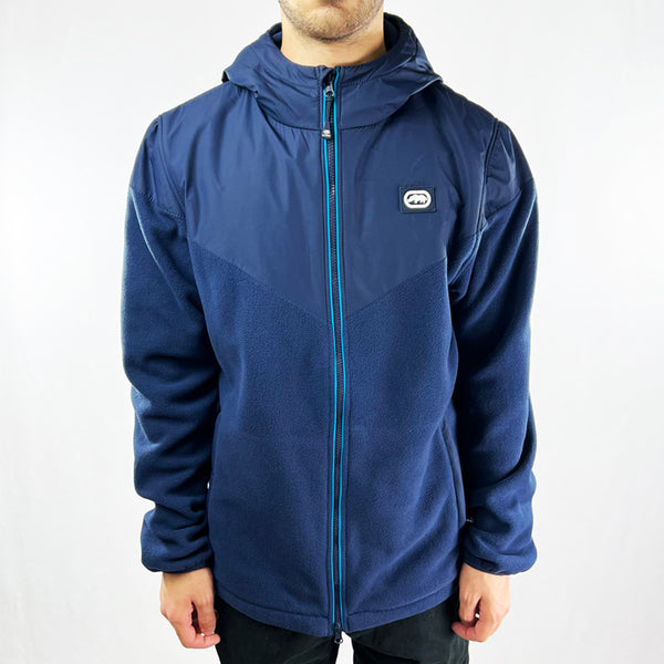Ecko Unltd fleece jacket in navy blue with Ecko Unltd logo to chest. Full zip closure with chin guard. Zip pockets. Stand-up collar with hood. Elastic cuffs. Warm, soft fleece material. - Materials: 100% Polyester