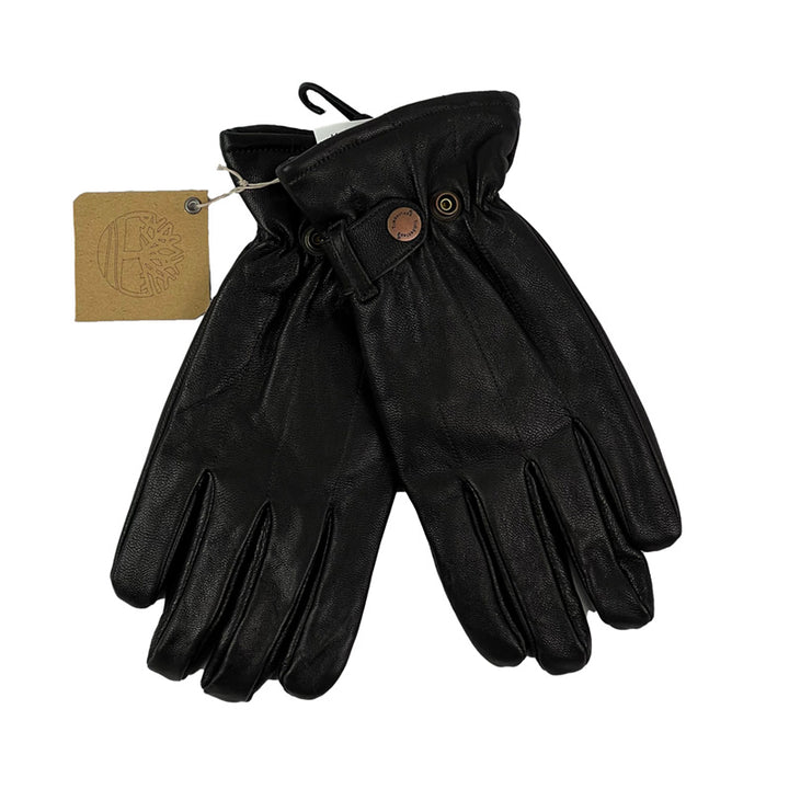 Y2K Adult Unisex Deadstock Timberland gloves in black with Timberland branding. Button closure. Fleeced inner layer.- Materials: Genuine Goat Leather Lining: Polyester - Colour: Black Brand New with Tags - Size on Tag: Medium