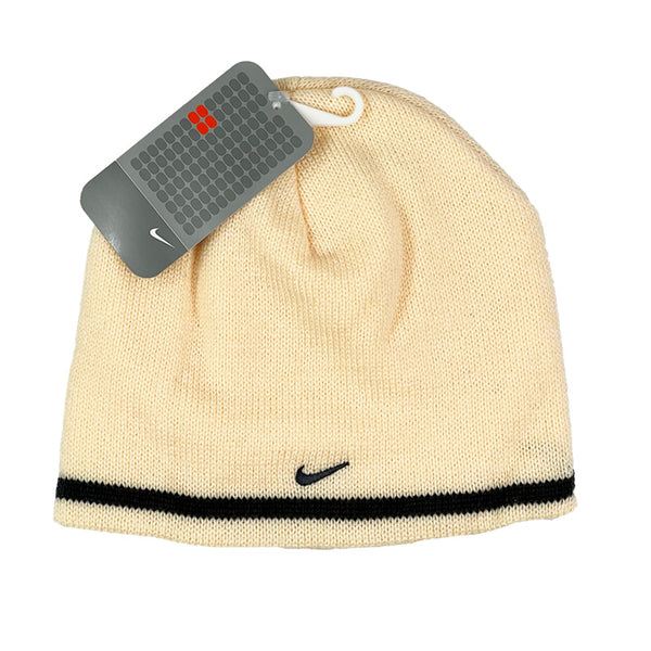 Y2K Deadstock Vintage Nike Swoosh beanie hat in cream with embroidered Nike Swoosh to centre. Colour: Cream Brand New with Tags  -  Size on Tag: Adult Unisex