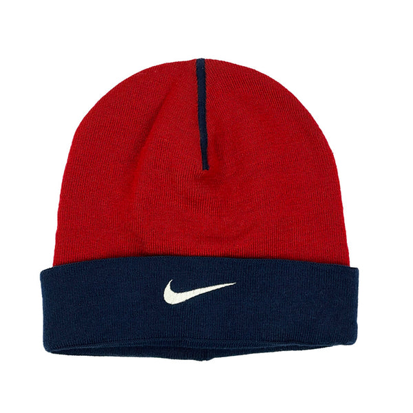 Y2K Deadstock Vintage Nike Swoosh beanie hat in red & navy blue with embroidered Nike Swoosh to centre. Colour: Red & Navy Blue Condition: Excellent  -  Adult Unisex