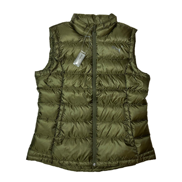 Women's Deadstock Puma puffer gilet jacket in khaki green. Puma print logo to chest. Full zip closure. Pockets to front. Down filled. - Material: Polyester Fill: Down - Colour: Khaki Green Brand New with Tags - Size on Tag: Large Measurements: Pit to Pit: 20.5 Inches Length: 26 Inches