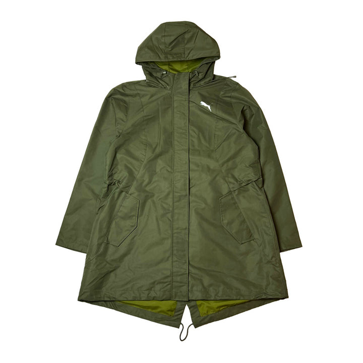 Women's Deadstock Puma trench coat in khaki green. Puma print logo to chest. Full zip closure. Pockets to front. Inner pockets. Adjustable cord to waist and to lower hem. Adjustable cord to hood. Two way zip closure. Additional zip to add inner jacket or fleece. Long length. - Material: Polyester - Colour: Khaki Green Brand New with Tags - Size on Tag: Large Measurements: Pit to Pit: 22 Inches Length: 33.5 Inches