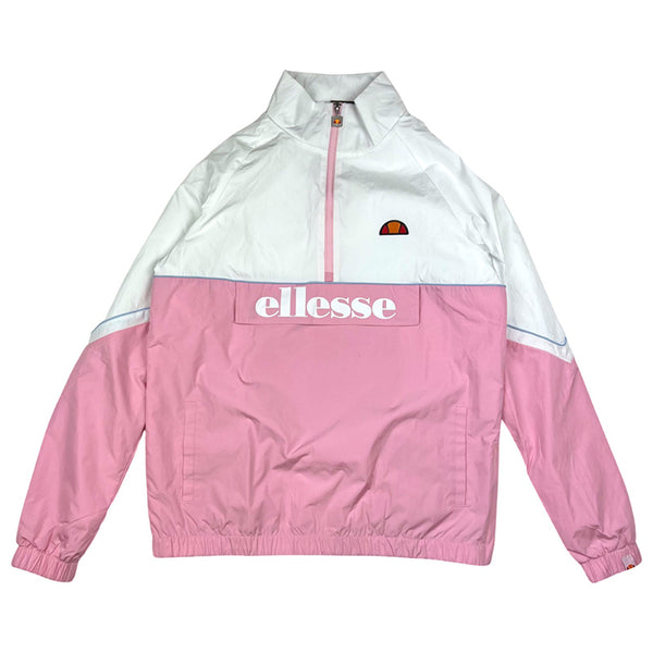Deadstock ellesse Scerti windbreaker jacket in white and pink. Ellesse branding to chest and spellout to front. 1/2 zip closure. Pockets to front on both sides. Elastic waist. - Colour: White/Pink Brand New with Tags - Size on Tag: Small Measurements: Pit to Pit: 22 Inches Length: 28.5 Inches