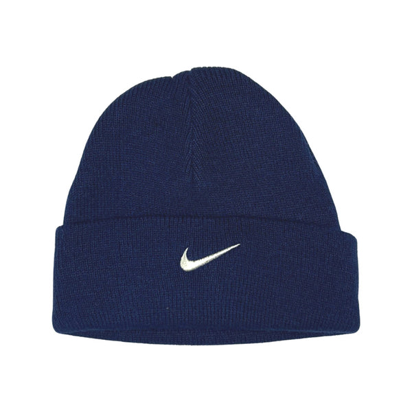 Y2K Infants Deadstock Vintage Nike Swoosh beanie hat in navy blue with embroidered Nike Swoosh to centre. Colour: Navy Blue Brand New with Tags  -  Size on Tag: Infant Unisex