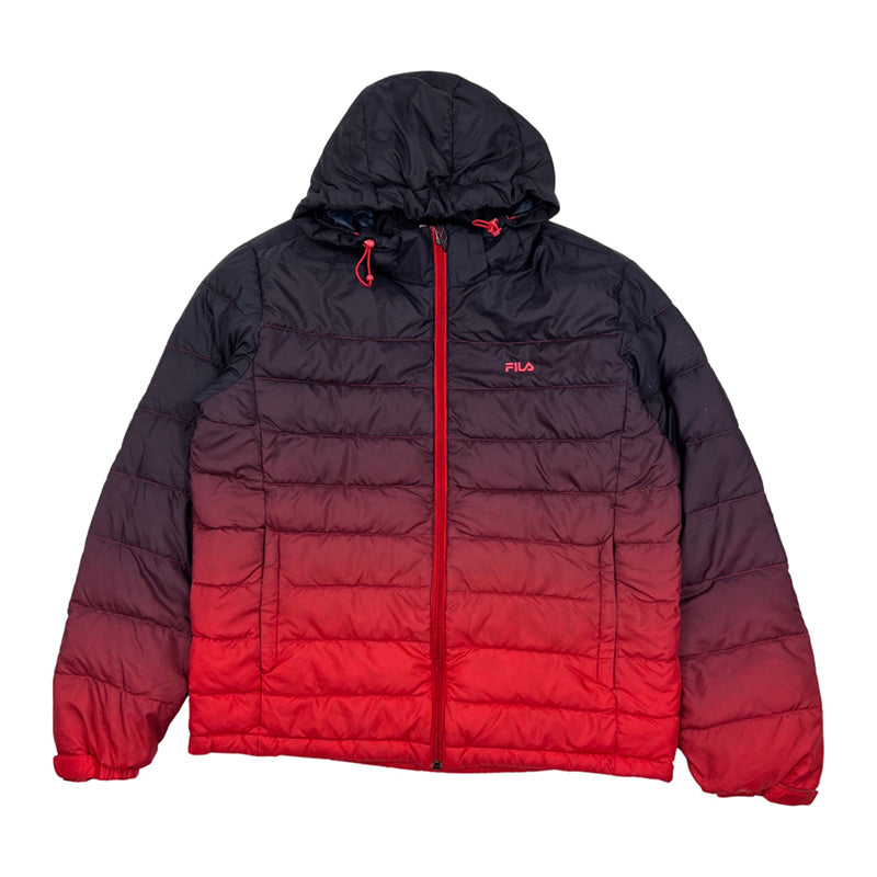 Y2K Vintage Fila puffer jacket in faded red and black. Fila branding to chest. Pockets to front. Zip closure to jacket. Lightweight. Down filled. Adjustable cord to hood. Removeable hood. - Colour: Black & Red Condition: Very Good - Size on Tag: Medium Measurements: Pit to Pit: 22.5 Inches Length: 25 Inches
