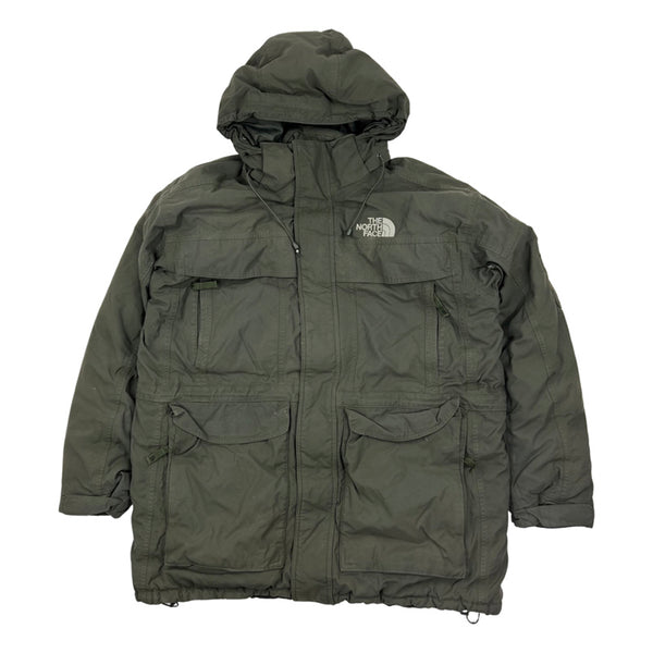 Y2K Vintage The North Face puffer jacket in khaki green. Embroidered The North face branding. Zip pockets to front. Zip closure to jacket. Inner pocket. Removeable hood. Adjustable cord to hood. Padded. Adjustable cord to waist. Down Filled. - Colour: Khaki Green Condition: Good - has wear and minor marks as shown in images  - Size on Tag: XL Measurements: Pit to Pit: 35 Inches Length: 37 Inches